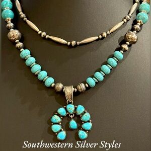 Vintage Sterling Silver Navajo Pearls Turquoise Squash Blossom Necklace
